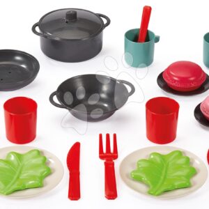 Piknikový košík s jídelní soupravou 100% Chef Écoiffier 23 cm s hrncem pánví příbory a makronky 22 dílů od 18 měsíců
