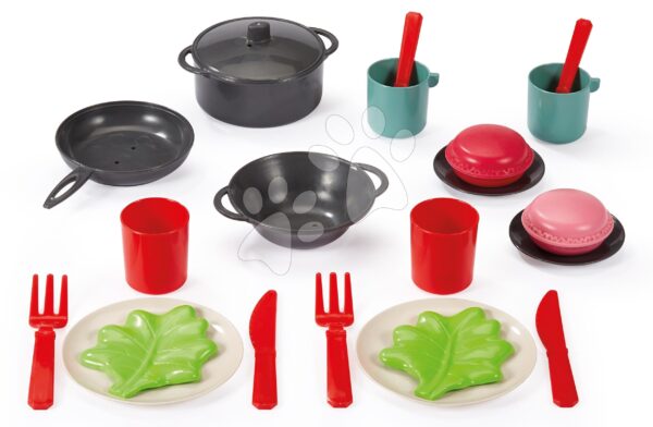 Piknikový košík s jídelní soupravou 100% Chef Écoiffier 23 cm s hrncem pánví příbory a makronky 22 dílů od 18 měsíců