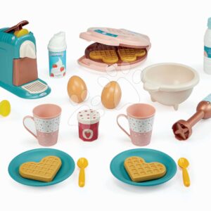 Snídaňová sada s kávovarem a vaflovačem 3v1 Vert Azur Écoiffier se 4 vaflemi a mixérem 21 doplňků od 18 měsíců