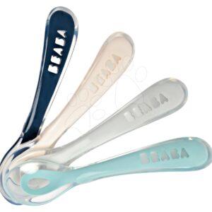 Sada 4 tréninkových lžiček 2nd age Beaba Training Spoon 13 cm z měkkého silikonu na samostatné jedení modrá růžová šedá zelená od 4 měsíců