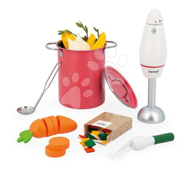 Dřevěná zelenina a ovoce v síťce Soup Set Janod 43 doplňků J06634