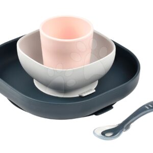 Jídelní souprava Beaba Silicone meal set ze silikonu 4dílná růžovo-šedo-modrá pro miminka