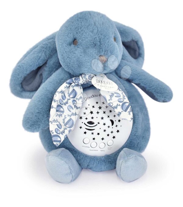 Plyšový zajíček Musical Night Light Star Projector Blue Doudou et Compagnie se světlem hudbou a bílým šumem modrý 19 cm od 0 měsíců