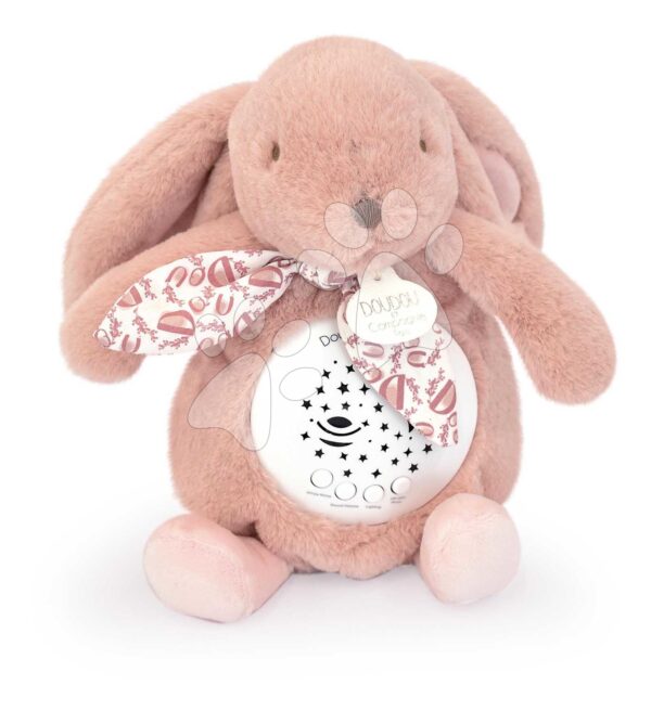 Plyšový zajíček Musical Night Light Star Projector Pink Doudou et Compagnie se světlem hudbou a bílým šumem růžový 19 cm od 0 měsíců