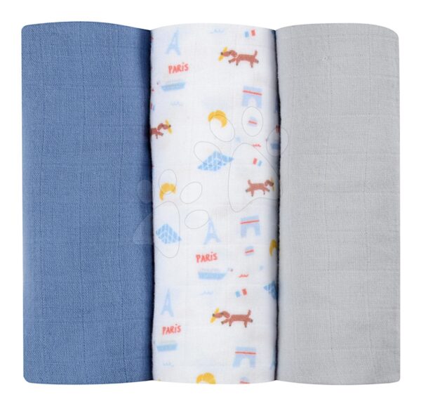 Textilní pleny z bavlněného mušelínu Cotton Muslin Cloths Beaba Paris sada 3 kusů 70*70 cm od 0 měsíců modré