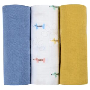 Textilní pleny z bavlněného mušelínu Cotton Muslin Cloths Beaba Teckel sada 3 kusů 70*70 cm od 0 měsíců modro-béžové