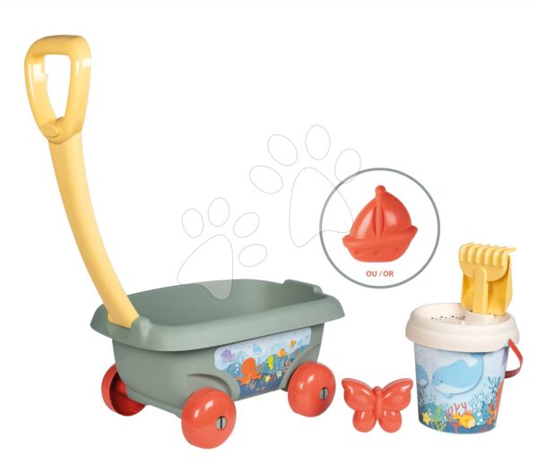 Vozík na tahání s kbelík setem Beach Cart Life Smoby s lopatkou hrabičkami a bábovičkami od 18 měsíců – model 2025