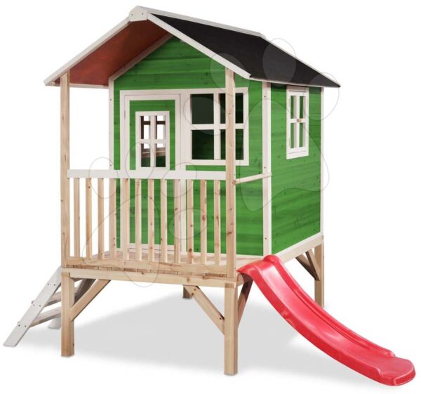 Domeček cedrový na pilířích Loft 300 Green Exit Toys s voděodolnou střechou a skluzavkou zelený