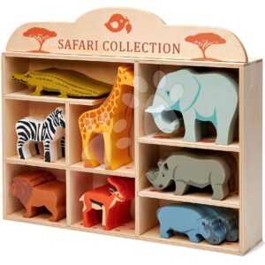 Dřevěná divoká zvířátka na poličce 24 ks Safari set Tender Leaf Toys krokodýl slon zebra antilopa žirafa nosorožec hroch lev