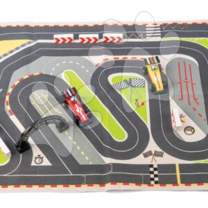 Dřevěná závodní auta Formula One Racing Playmat Tender Leaf Toys na plátěné dráze a s doplňky