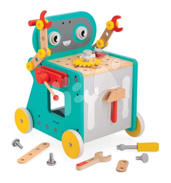 Dřevěné chodítko a vozík s nářadím Robot Trolley BricoKids Janod 38 dílů od 18 měs J06456