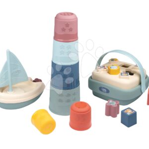 Didaktický košík s plachetnicí a skládací věží Awakenings and Bath Set Little Smoby s 8 kostkami a 6 kelímky pro jemnou motoriku od 12 měsíců