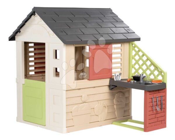 Domeček s kuchyňkou a 17 doplňků Nature Playhouse&Kitchen Life Smoby rozšiřitelný 3 okna se 2 žaluziemi a posuvnými okenicemi s UV filtrem od 24 měsíců – model 2025