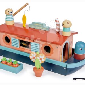 Dřevěná loďka Little Otter Canal Boat Tender Leaf Toys s 3 figurkami vyder a doplňky