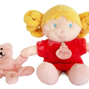 Panenka pro miminka Mrs Corail My First Doll Jolijou 21 cm v červených šatech s pejskem z jemného textilu od 0 měsíců