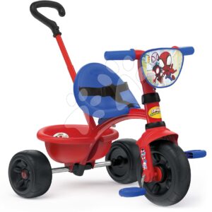 Tříkolka Spidey Be Fun Tricycle Smoby s vodicí tyčí a volnoběhem od 15 měs.