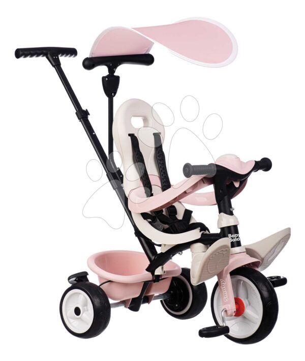 Tříkolka a kočárek v jednom s vysokou opěrkou Baby Balade Tricycle Pink Smoby se slunečníkem brzdou a tichými EVA kolečky růžová od 10 měsíců