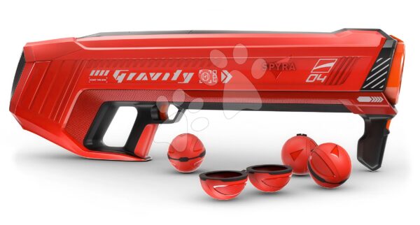 Vodní granátomet s barevným LED displejem SpyraGravity Red Spyra s integrovanou baterií s USB-C nabíjením a 4 vodní granáty s dostřelem 16 m