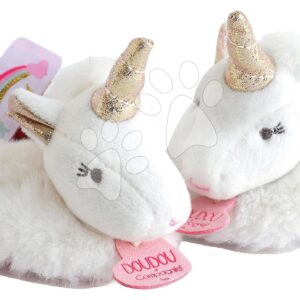 Bačkůrky pro miminko s chrastítkem Unicorn Lucie la Licorne Doudou et Compagnie bílé v dárkovém balení od 0–6 měsíců