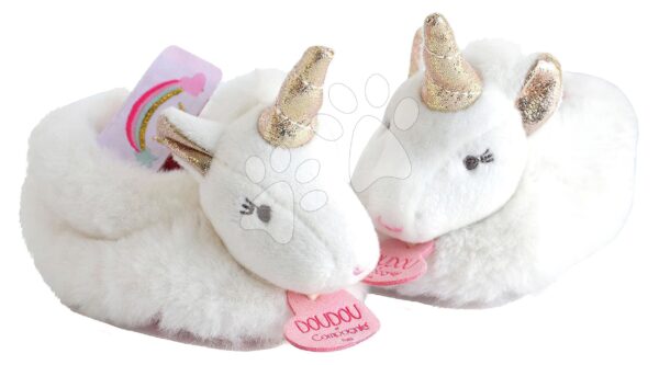 Bačkůrky pro miminko s chrastítkem Unicorn Lucie la Licorne Doudou et Compagnie bílé v dárkovém balení od 0–6 měsíců