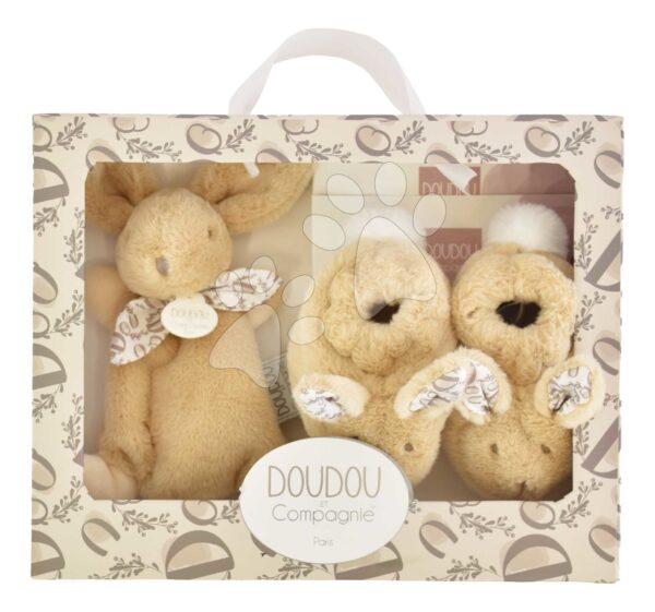 Dárková sada pro miminko Slipper Gift Set Beige Lapin Doudou et Compagnie bačkůrky a zajíček na mazlení béžová 15 cm v dárkovém balení od 0 měsíců