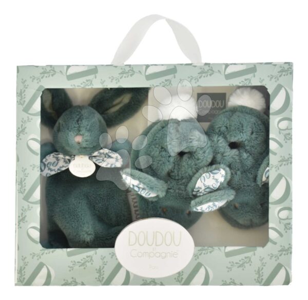 Dárková sada pro miminko Slipper Gift Set Sage Green Lapin Doudou et Compagnie bačkůrky a zajíček na mazlení zelená 15 cm v dárkovém balení od 0 měsíců