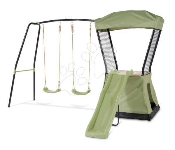 Hrací věž multifunkční se 2 houpačkami Ivy play tower double swing Exit Toys se stanem pískovištěm a skluzavkou kovová konstrukce