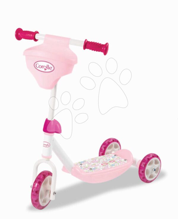 Koloběžka tříkolová Corolle 3 Wheels Scooter Smoby protiskluzová s košíkem pro panenku a výškově nastavitelnými řídítky