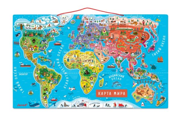 Magnetická mapa světa Magnetic World Map ruská verze Janod 92 magnetů od 5 let