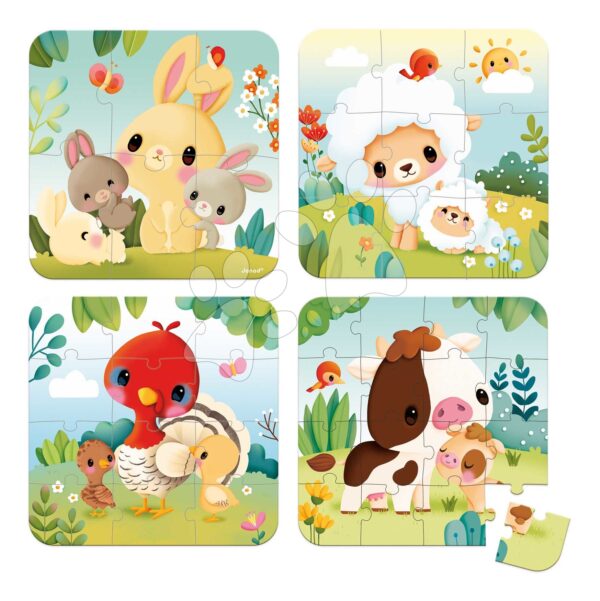 Puzzle v kufříku 4v1 Zvířátka z farmy Farm Animals Evolving Puzzles Janod 6-9-12-16 dílů od 24 měs