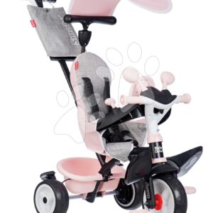 Tříkolka a kočárek v jednom s brzdou Baby Driver Pink Tricycle Smoby s intuitivním ovládáním a tichými EVA kolečky růžová od 10 měsíců
