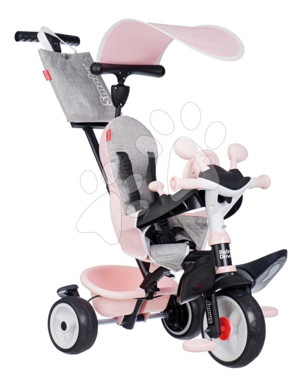Tříkolka a kočárek v jednom s brzdou Baby Driver Pink Tricycle Smoby s intuitivním ovládáním a tichými EVA kolečky růžová od 10 měsíců