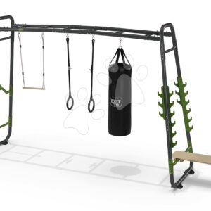 Multifunkční fitness centrum GetSet Monkeybar MB330 Exit Toys rozšiřitelné s gymnastickými kruhy boxovacím pytlem bradly hrazdou a benchpress lavičkou