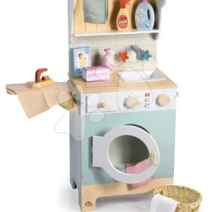 Dřevěná prádelna s pračkou s předním plněním Laundrette Tender Leaf Toys s dřezem žehličkou a koš na prádlo výška 92 cm