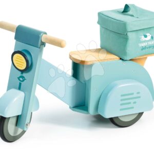 Dřevěné odrážedlo Donáška jídla Delivery Scooter Tender Leaf Toys s gumovými koly a plátěná taška od 24 měsíců