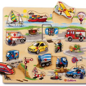 Dřevěné puzzle Pin Puzzle Eichhorn 21 vkládacích tvarů s obrázky safari farma dopravní prostředky od 24 měsíců