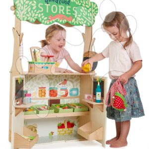 Dřevěný lesní obchod s divadlem Woodland Stores and Theatre Tender Leaf Toys s loutkami a taškou