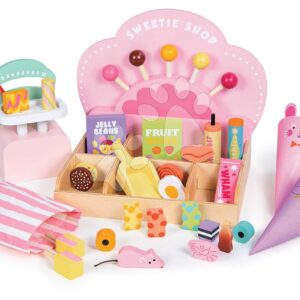 Dřevěný obchod se sladkostmi Sweetie Pic'N'Mix Shop Tender Leaf Toys s váhou sladkostmi a lízátky