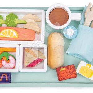 Dřevěný podnos s občerstvením do letadla Airline Meal Tray Tender Leaf Toys 3 druhy jídel s příborem a cestovní pas