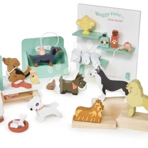 Dřevěný salon pro pejsky Waggy Tails Dog Salon Tender Leaf Toys se 7 figurkami pejsků