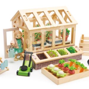 Dřevěný skleník Greenhouse and Garden Set Tender Leaf Toys s otevírací střechou a 9 druhů zeleniny pro panenku