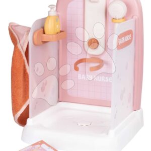 Koupelna s funkční sprchou pro panenky Shower Soft Baby Nurse Smoby s osuškou odnímatelnou sprchovou hlavicí a naučná brožurka