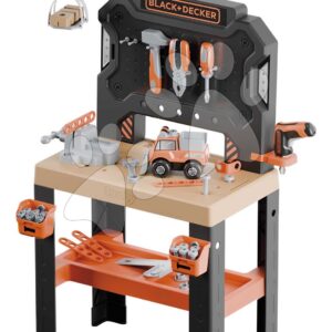 Pracovní stůl s mechanickým jeřábem Bricolo Builder Black&Decker Smoby se skládacím autíčkem a vrtačkou 92 doplňků 102 cm výška