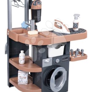 Prádelna s pračkou a elektronický vysavač Rowenta Wash&Clean Laundry Smoby se zvukem a žehličkou 17 doplňků