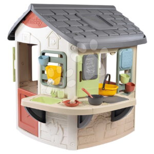 Domeček s pracovním pultem pro zahradníka se 16 doplňky Mud Cooking House Life Smoby rozšiřitelný se 2 dveřmi a funkční nádrží na vodu s UV filtrem od 24 měsíců