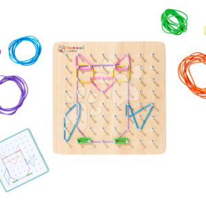 Dřevěná geometrická deska s hřebíčky Montessori Geo Board Eichhorn s 30 barevnými gumičkami a 24 karet s úkoly od 4 let