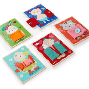 Dřevěná hra Obleč zvířátka Dressboard Fabric Eichhorn 5 zvířátek s různými typy zapínání pro rozvoj jemné motoriky