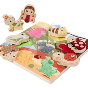 Dřevěné puzzle s textilní strukturou Zvířátka Feel Puzzle with Fabric Eichhorn 7 vkládacích kostek se zvířátky od 12 měsíců