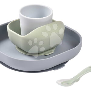 Jídelní souprava Silicone Meal Set Pebble Beaba ze silikonu 4dílná zeleno-šedá od 4 měsíců
