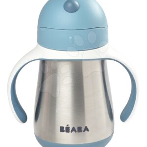 Láhev Bidon s dvojitými stěnami Stainless Steel Straw Cup Beaba Windy Blue 250 ml modrá z nerezavějící oceli od 8 měsíců